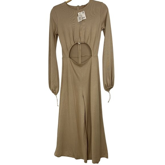 Zara Beige Long-Sleeve Cutout Jumpsuit Size S Crop Pouf Sleeves Tan RX10363 - Picture 3 of 14
